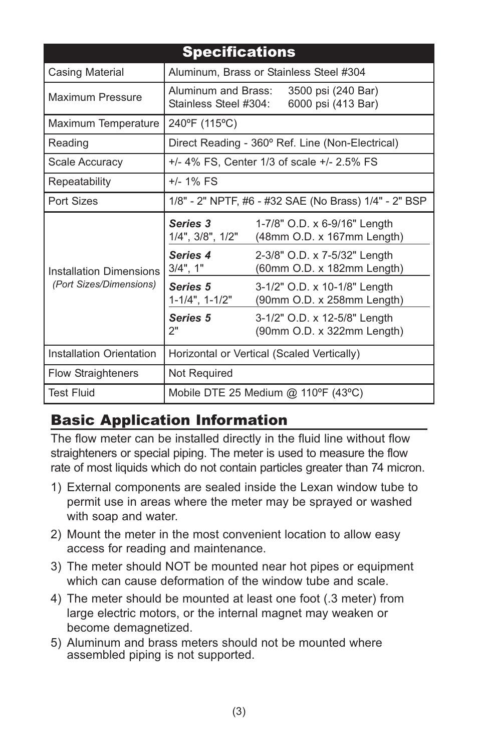 Basic application information, Specifications | Lake Monitors Case Drain Monitor User Manual | Page 3 / 20
