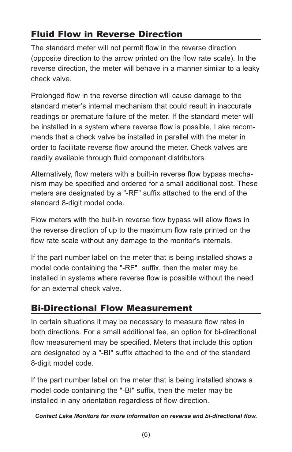 Fluid flow in reverse direction, Bi-directional flow measurement | Lake Monitors Case Drain Monitor User Manual | Page 6 / 20