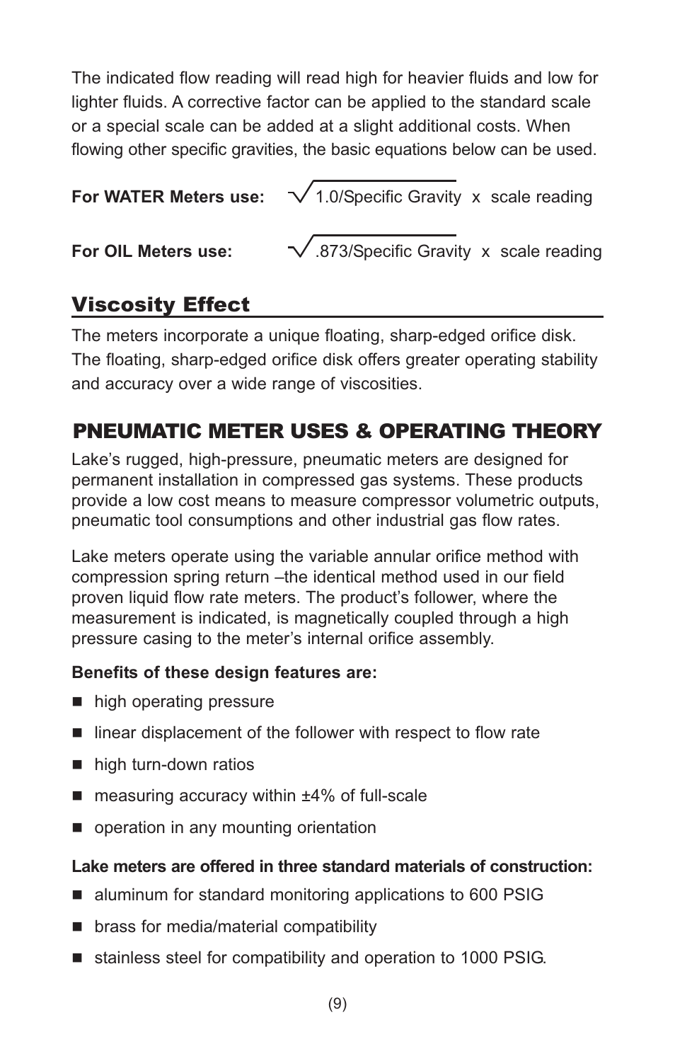 Viscosity effect, Pneumatic meter uses & operating theory | Lake Monitors Case Drain Monitor User Manual | Page 9 / 20