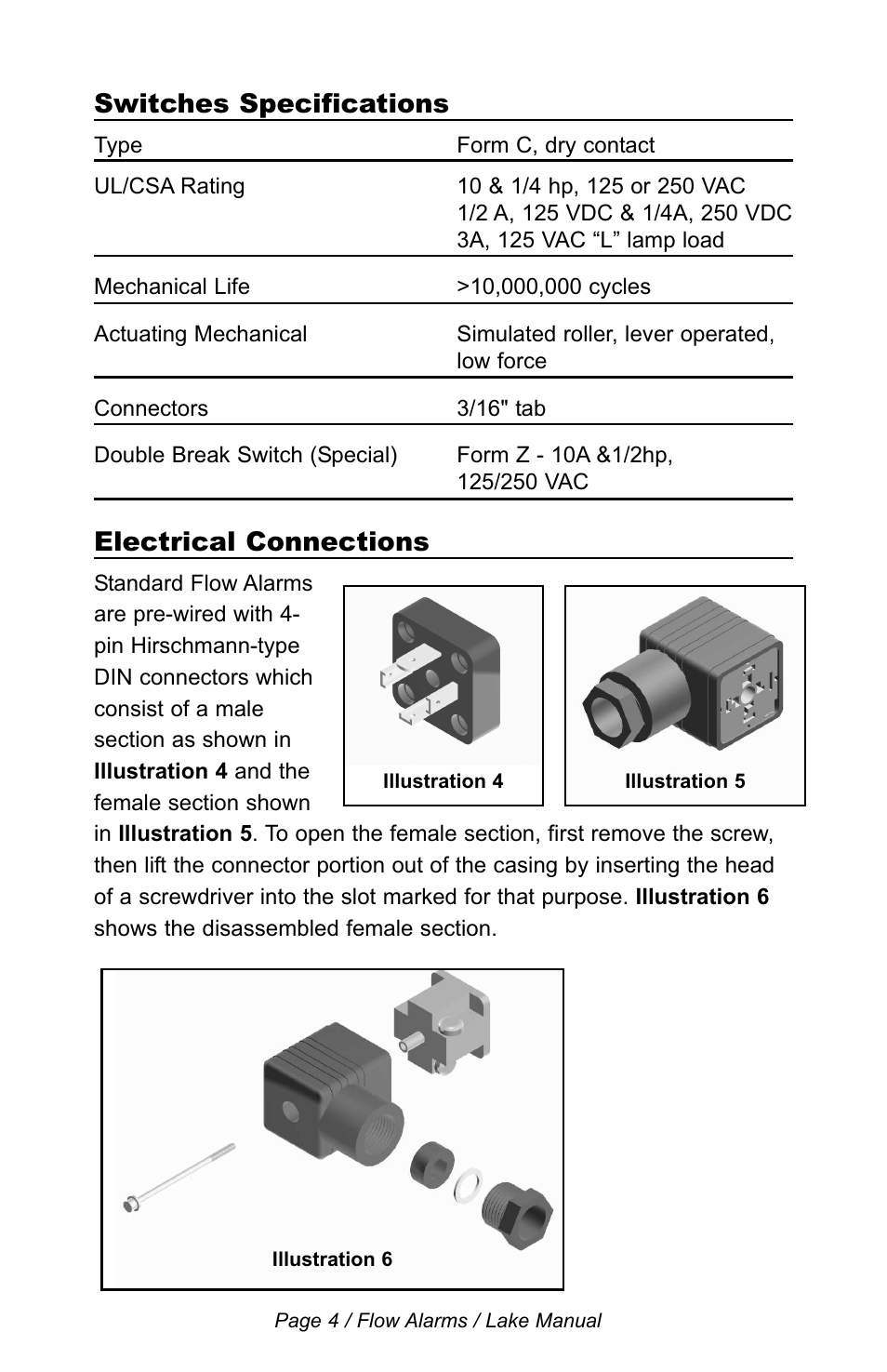 Switches specifications, Electrical connections | Lake Monitors Flow Alarms User Manual | Page 4 / 10