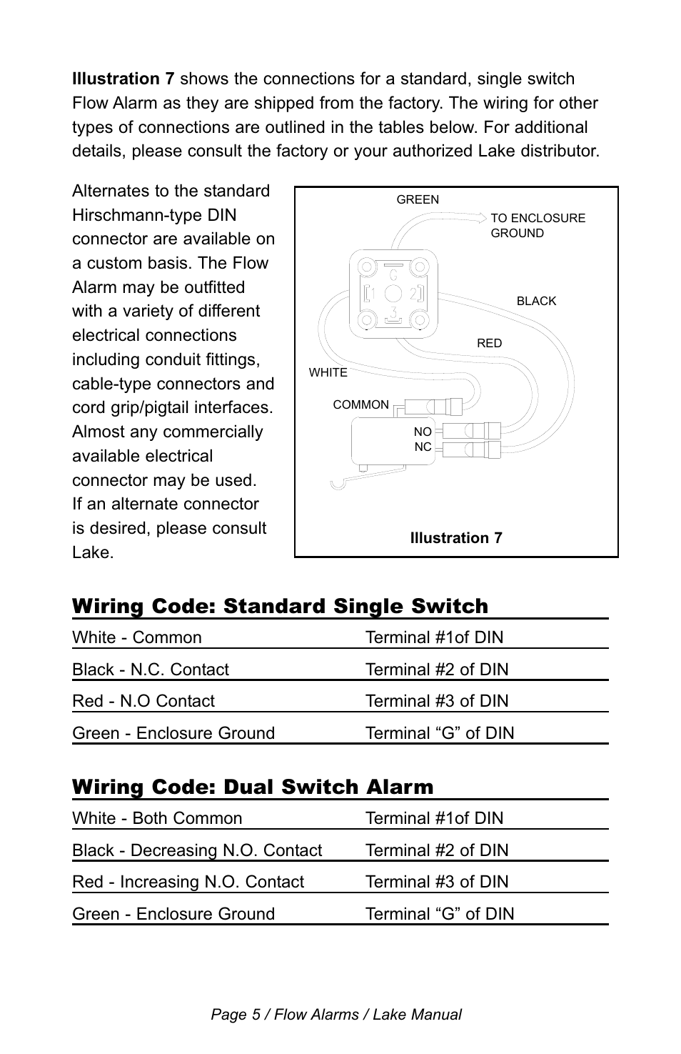 Wiring code: standard single switch, Wiring code: dual switch alarm | Lake Monitors Flow Alarms User Manual | Page 5 / 10