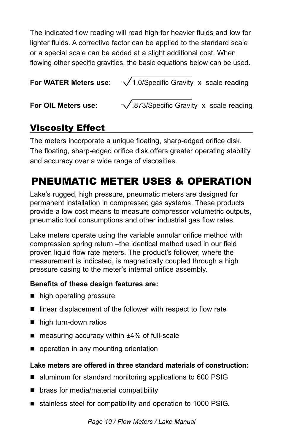 Pneumatic meter uses & operation, Viscosity effect | Lake Monitors Flow Transmitters User Manual | Page 10 / 40