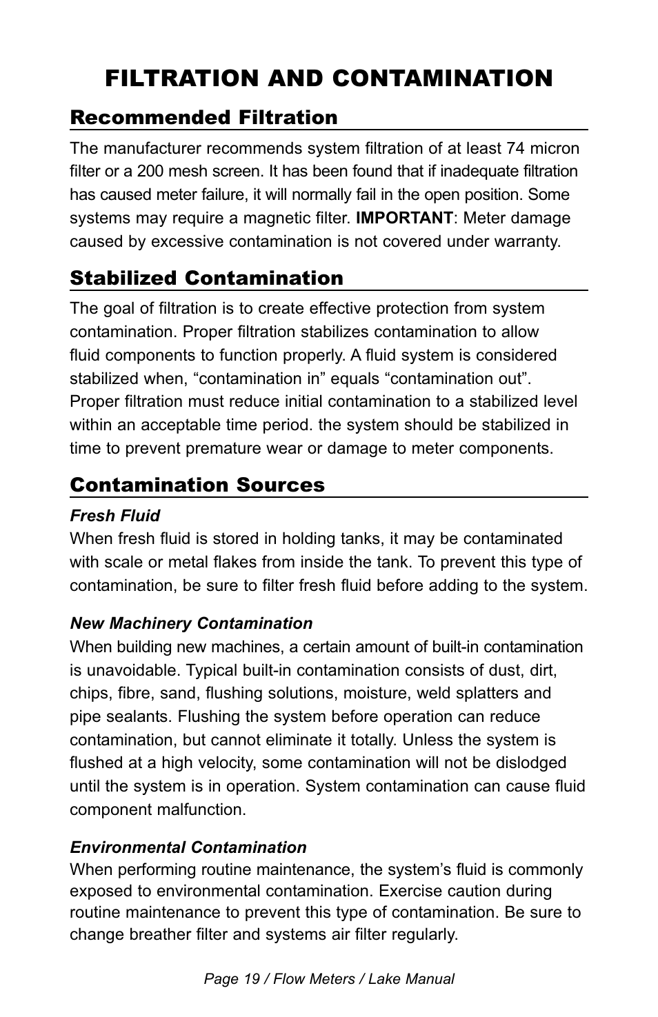 Filtration and contamination | Lake Monitors Flow Transmitters User Manual | Page 19 / 40