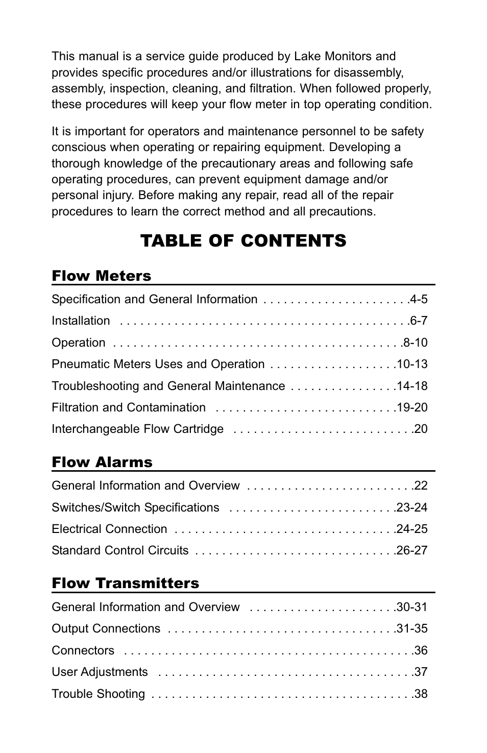 Lake Monitors Flow Transmitters User Manual | Page 2 / 40