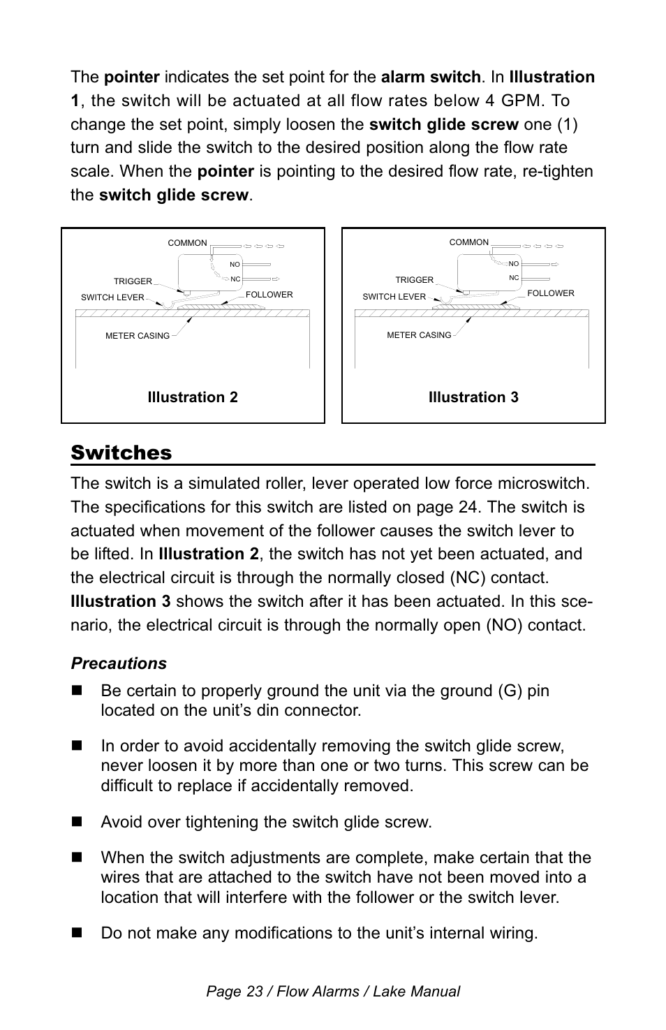 Switches, Page 23 / flow alarms / lake manual, Illustration 2 illustration 3 | Lake Monitors Flow Transmitters User Manual | Page 23 / 40