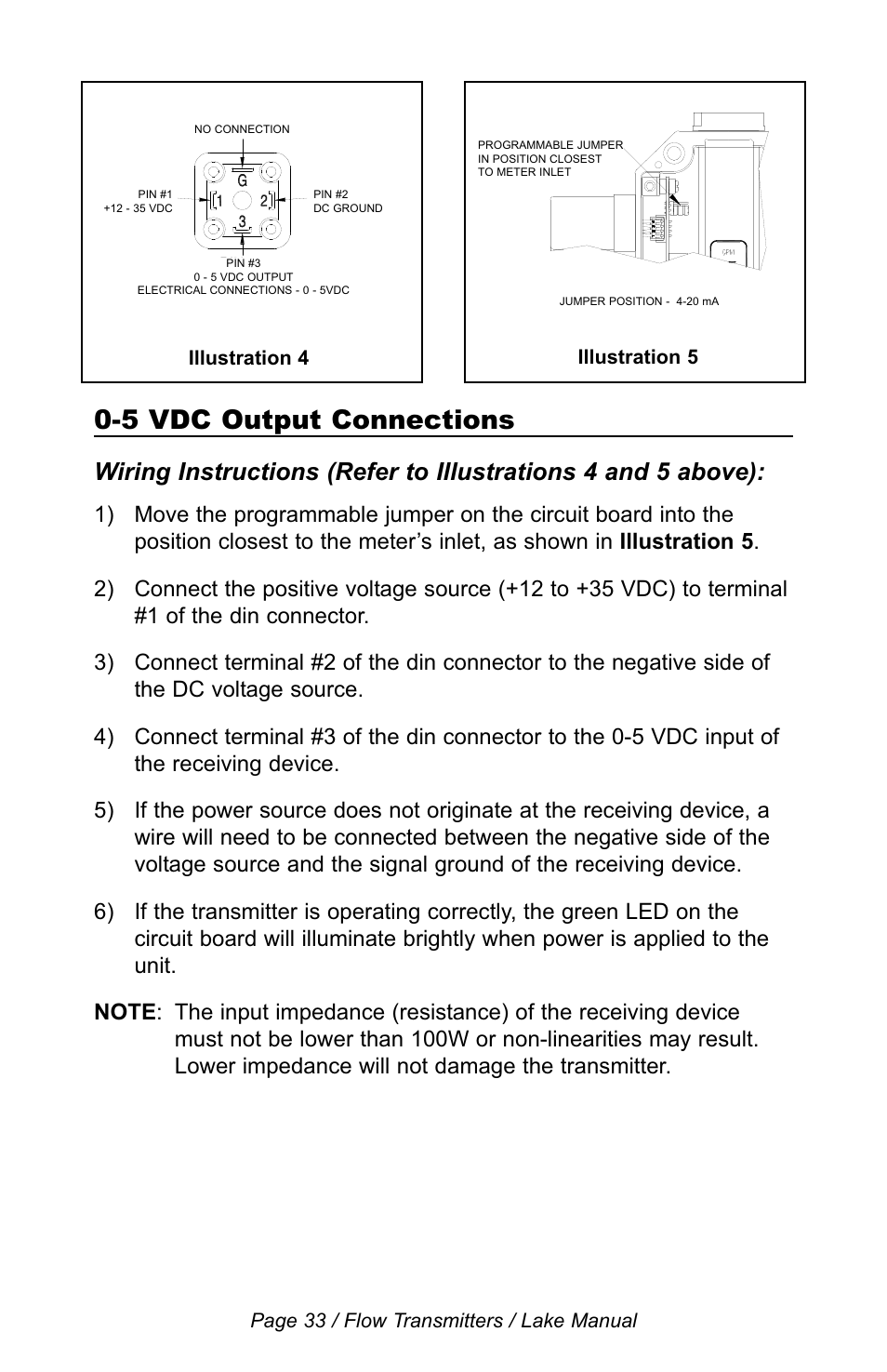 5 vdc output connections | Lake Monitors Flow Transmitters User Manual | Page 33 / 40