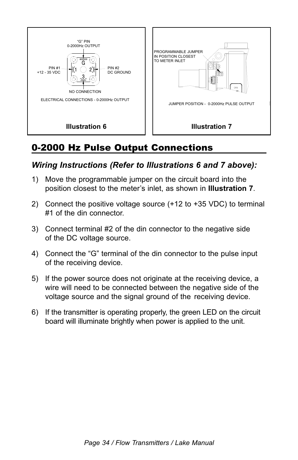 2000 hz pulse output connections | Lake Monitors Flow Transmitters User Manual | Page 34 / 40