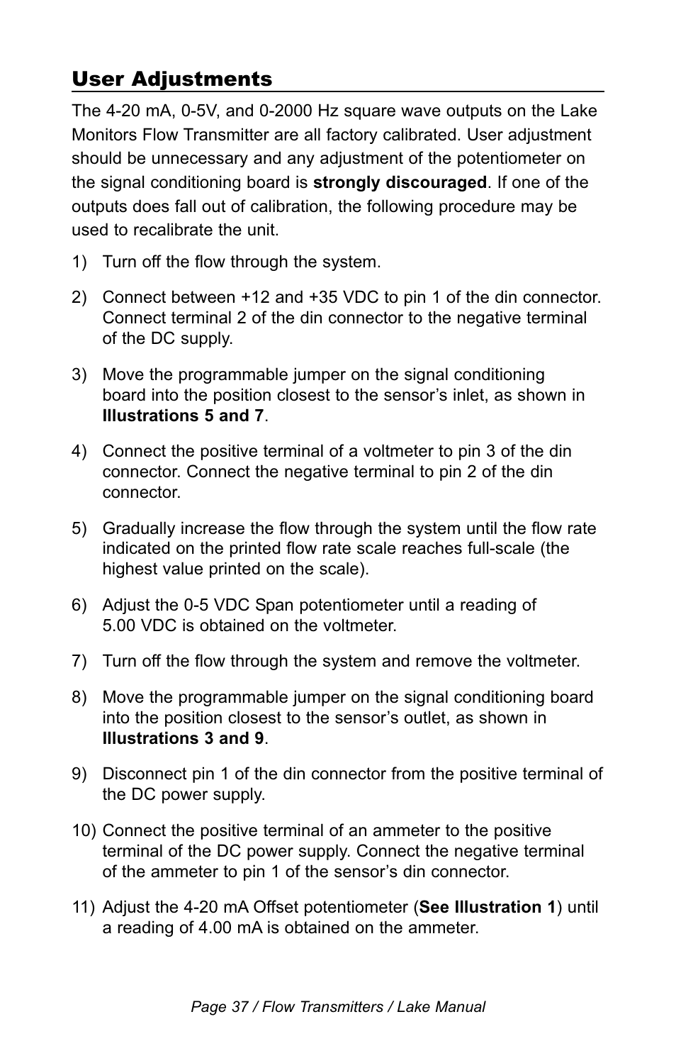 User adjustments | Lake Monitors Flow Transmitters User Manual | Page 37 / 40