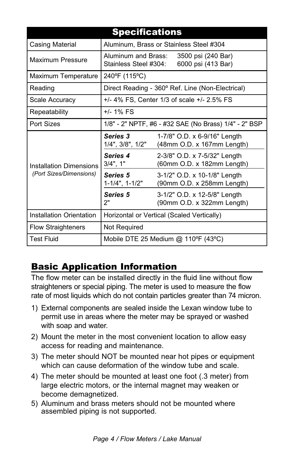 Basic application information, Specifications | Lake Monitors Flow Transmitters User Manual | Page 4 / 40