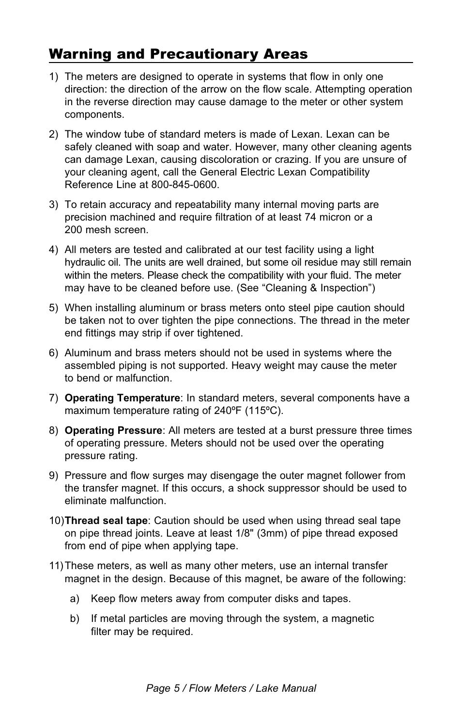 Warning and precautionary areas | Lake Monitors Flow Transmitters User Manual | Page 5 / 40