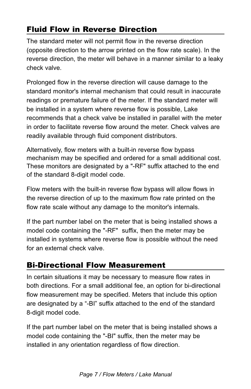 Fluid flow in reverse direction, Bi-directional flow measurement | Lake Monitors Flow Transmitters User Manual | Page 7 / 40