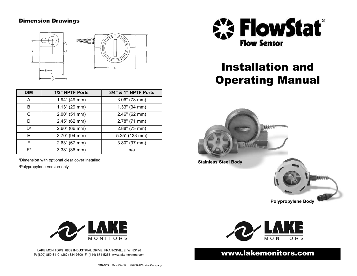 Lake Monitors FlowStat ES Sensor (Plastic) User Manual | 6 pages