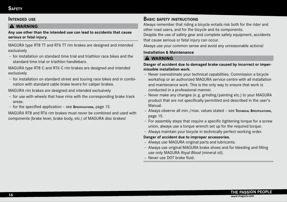 Safety, Intended use, Basic safety instructions | Afety, Intended.use basic.safety.instructions | MAGURA RT8 C User Manual | Page 16 / 26