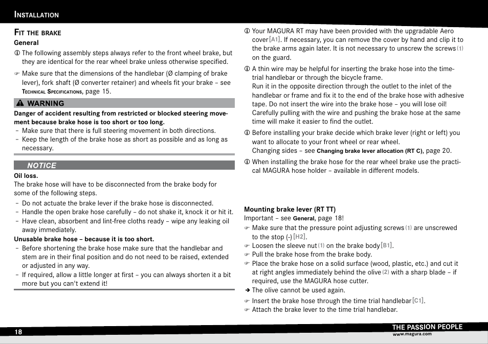 Installation, Fit the brake, General | Mounting brake lever (rt tt), Nstallation, Fit.the.brake, Mounting.brake.lever, Rt.tt) | MAGURA RT8 C User Manual | Page 18 / 26