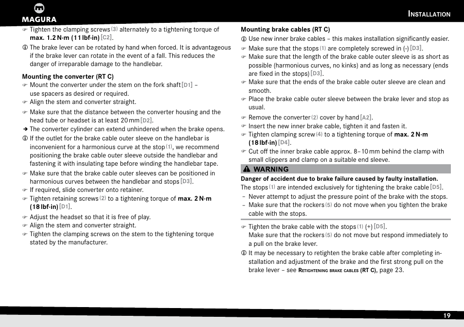 Mounting the converter (rt c), Mounting brake cables (rt c), Mounting.the.converter | Rt.c), Mounting.brake.cables | MAGURA RT8 C User Manual | Page 19 / 26