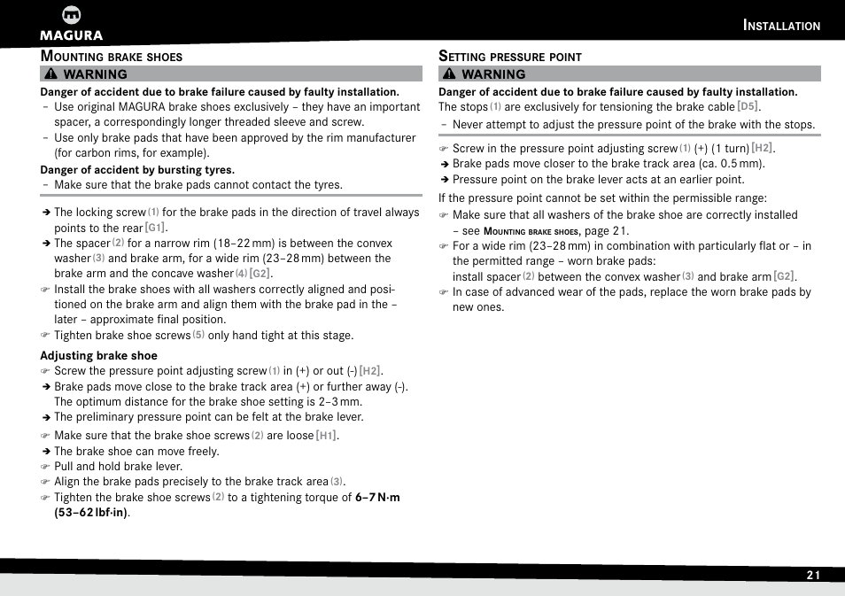 Mounting brake shoes, Adjusting brake shoe, Setting pressure point | Mounting.brake.shoes, Adjusting.brake.shoe, Setting.pressure.point | MAGURA RT8 C User Manual | Page 21 / 26