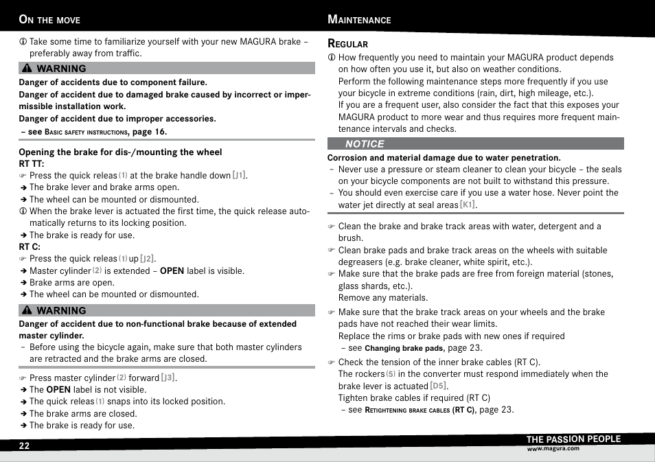 On the move, Opening the brake for dis-/mounting the wheel, Maintenance | Regular, Move, Opening.the.brake.for, Dis-/mounting.the.wheel, Aintenance, Opening, The brake for dis-/mounting the wheel | MAGURA RT8 C User Manual | Page 22 / 26