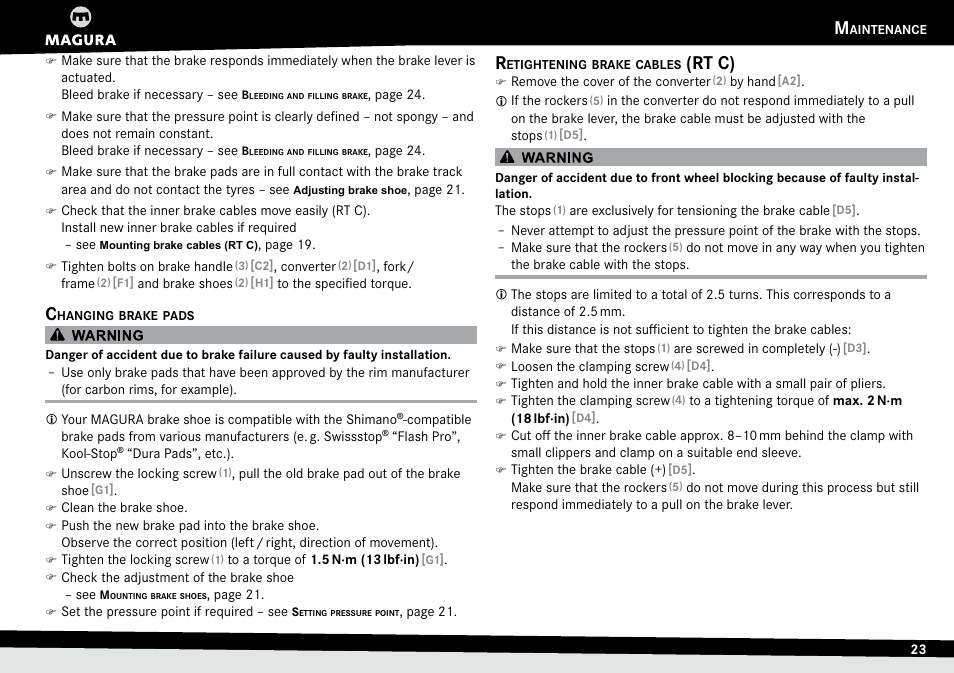 Changing brake pads, Retightening brake cables (rt c), Changing.brake.pads retightening.brake.cables | Rt.c), Er.– see, Etightening, Brake, Cables, Rt c) | MAGURA RT8 C User Manual | Page 23 / 26