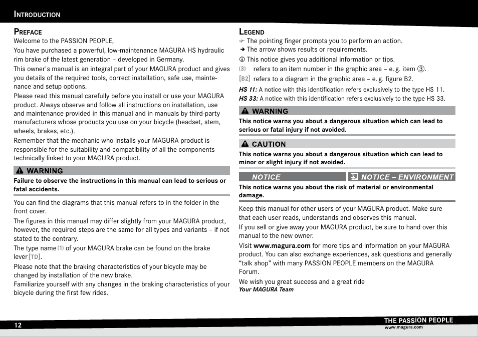 Introduction, Preface, Legend | Ntroduction, Preface legend | MAGURA HS33 (2014) User Manual | Page 12 / 24