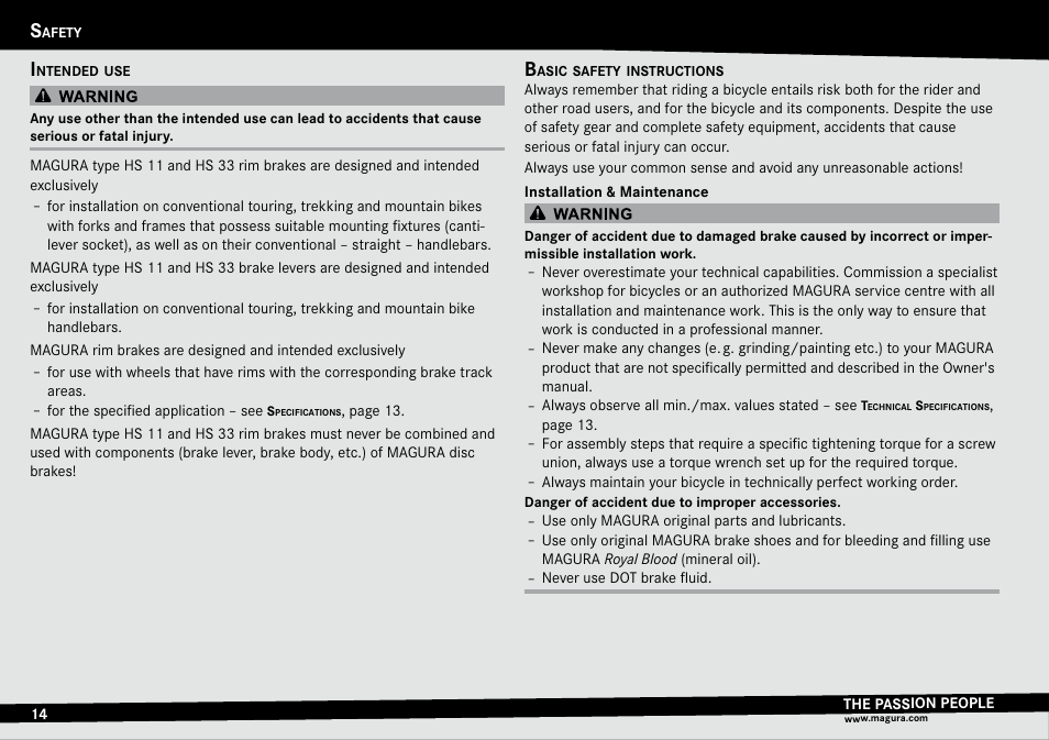 Safety, Intended use, Basic safety instructions | Afety, Intended.use basic.safety.instructions | MAGURA HS33 (2014) User Manual | Page 14 / 24