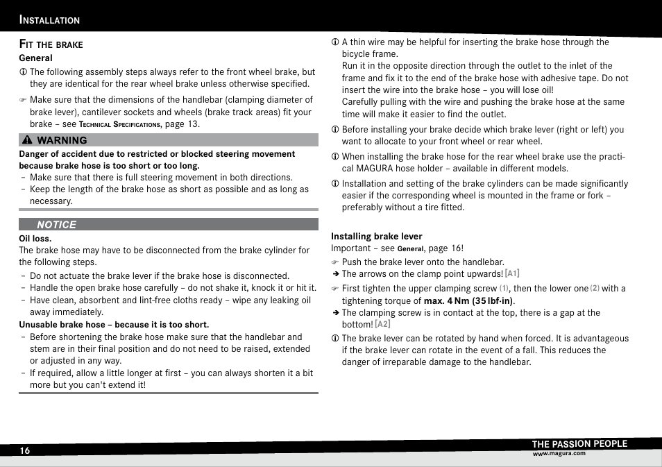 Installation, Fit the brake, General | Installing brake lever, Nstallation, Fit.the.brake, Installing.brake.lever | MAGURA HS33 (2014) User Manual | Page 16 / 24