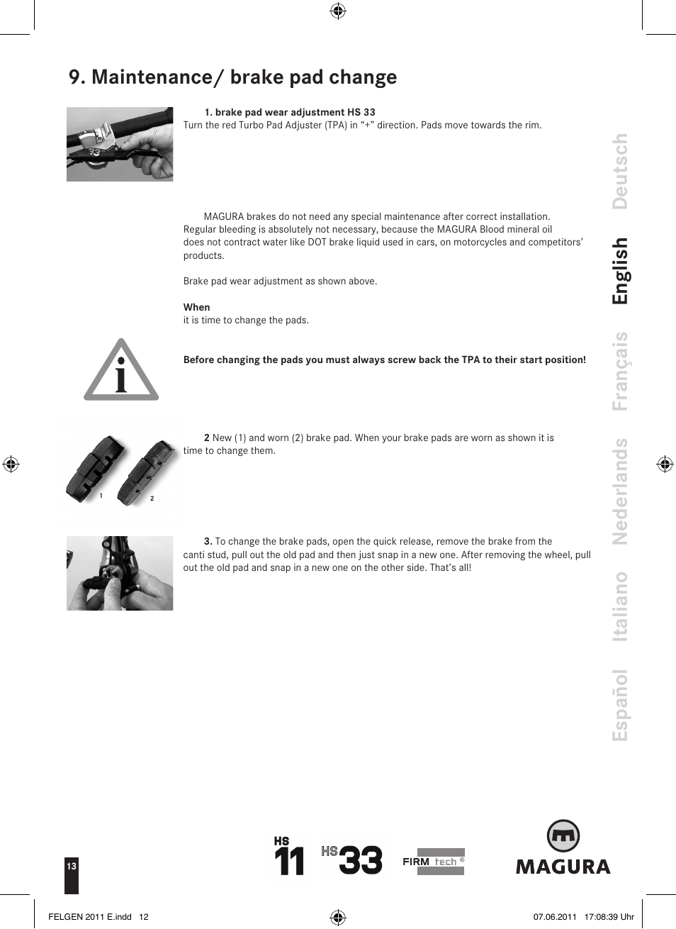 Maintenance/ brake pad change | MAGURA HS33 (2013) User Manual | Page 12 / 16