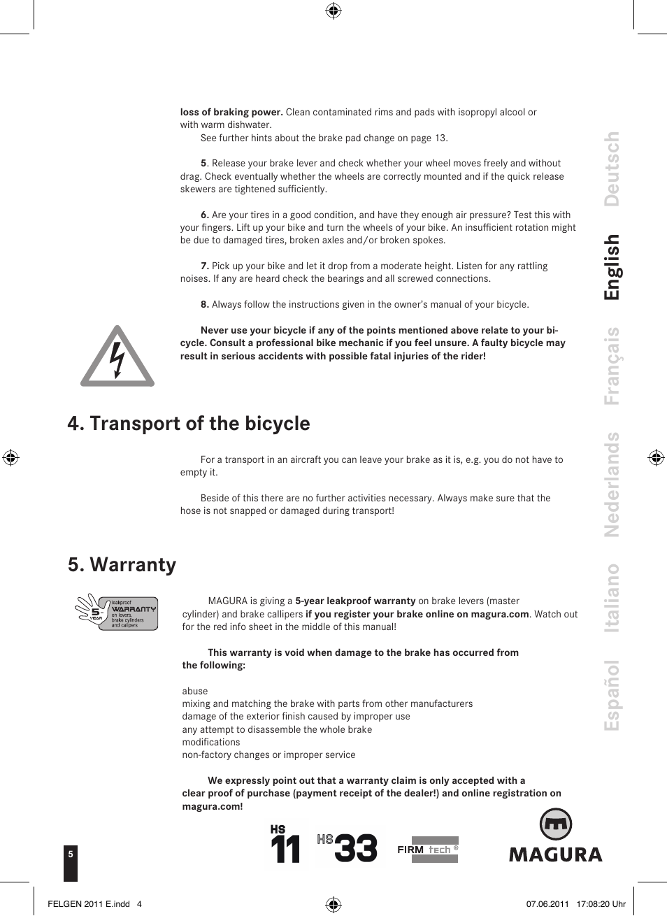 Transport of the bicycle 5. warranty | MAGURA HS33 (2013) User Manual | Page 4 / 16