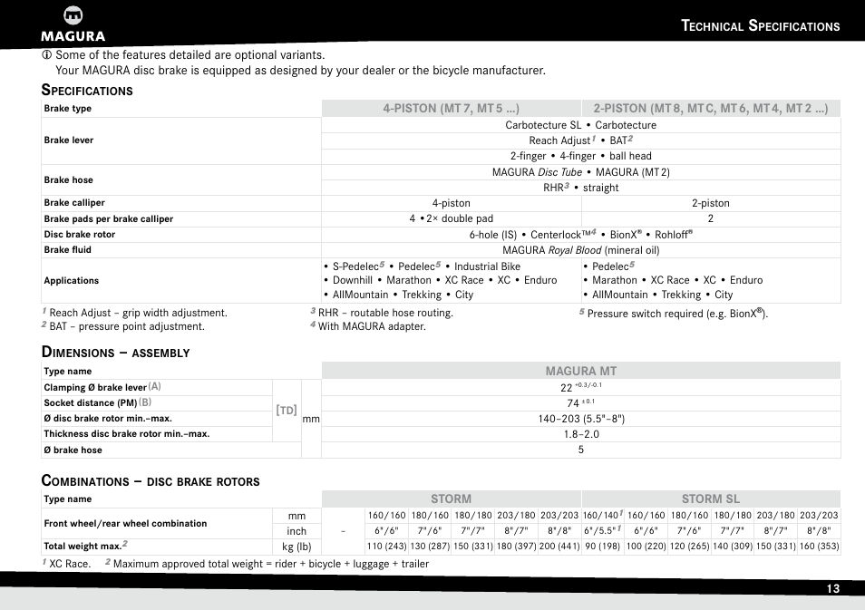 Technical specifications, Specifications, Dimensions – assembly | Combinations – disc brake rotors, Echnical, Pecifications, Specifications dimensions.–.assembly combinations, Disc.brake.rotors | MAGURA MT Series User Manual | Page 13 / 28