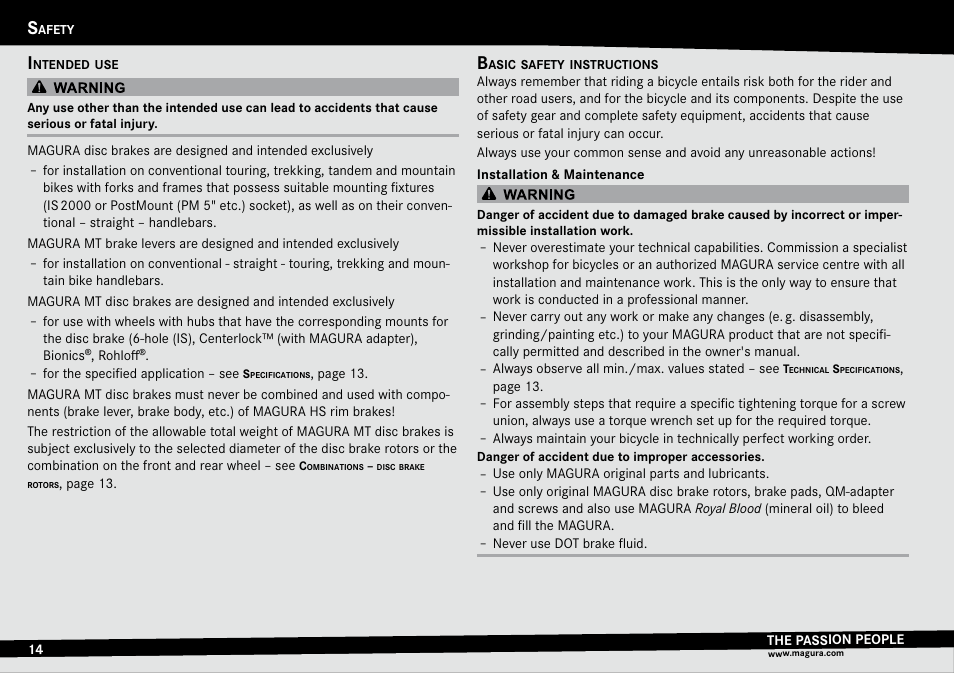 Safety, Intended use, Basic safety instructions | Afety, Intended.use basic.safety.instructions | MAGURA MT Series User Manual | Page 14 / 28