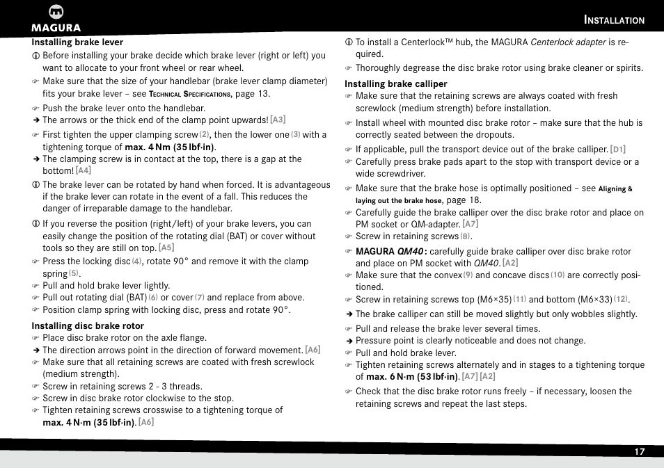 Installing brake lever, Installing disc brake rotor, Installing brake calliper | Installing.brake.lever, Installing.disc.brake.rotor, Installing.brake.calliper | MAGURA MT Series User Manual | Page 17 / 28