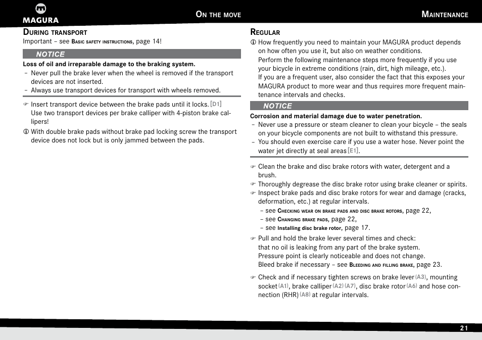 During transport, Maintenance, Regular | During.transport, Aintenance | MAGURA MT Series User Manual | Page 21 / 28