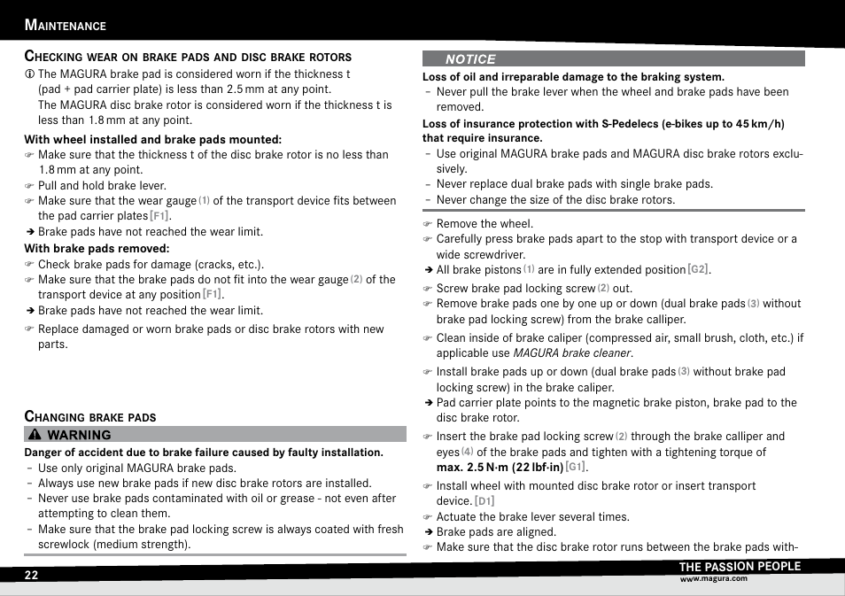 Checking wear on brake pads and disc brake rotors, Changing brake pads, Checking.wear.on.brake.pads | And.disc.brake.rotors changing.brake.pads, Hecking, Wear, Brake, Pads, Disc, Rotors | MAGURA MT Series User Manual | Page 22 / 28