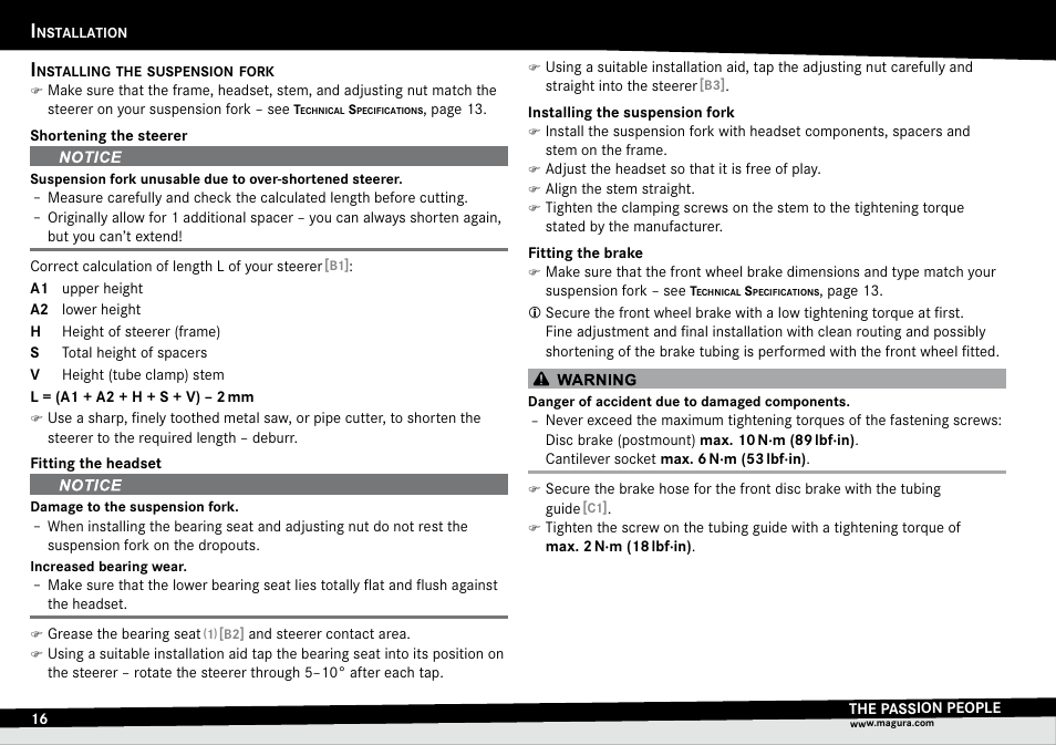 Installation, Installing the suspension fork, Nstallation | Installing.the.fork | MAGURA TS6 User Manual | Page 16 / 28