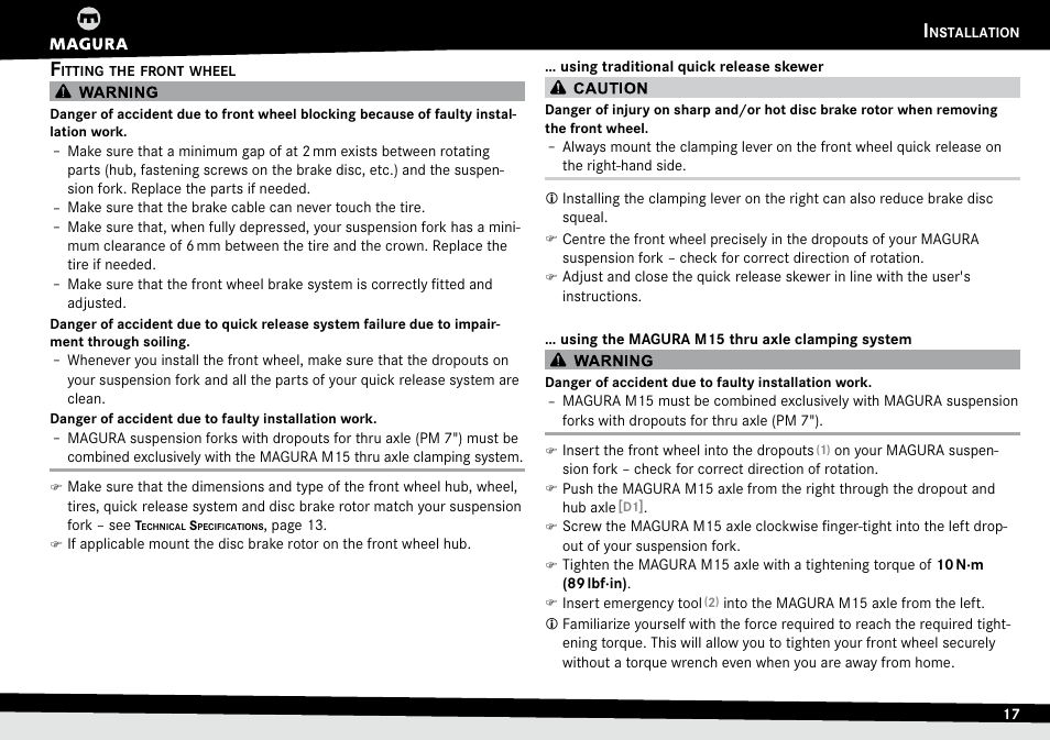 Fitting the front wheel, Fitting.the.front.wheel | MAGURA TS6 User Manual | Page 17 / 28