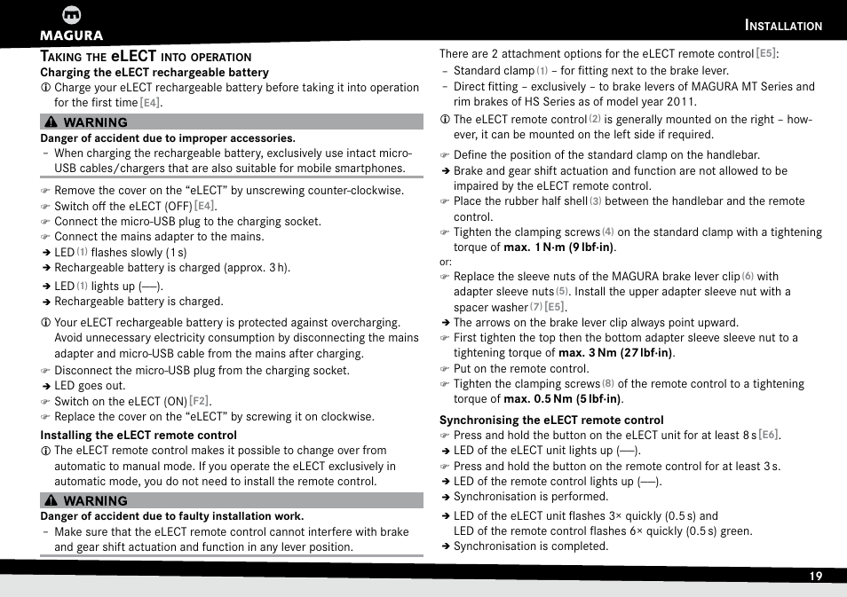 Taking the elect into operation, Taking.elect.into.operation.19, Elect | MAGURA TS6 User Manual | Page 19 / 28