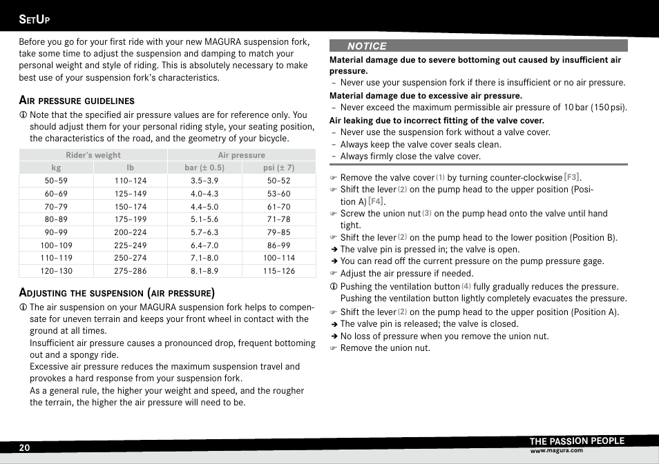 Setup, Air pressure guidelines, Adjusting the suspension (air pressure) | Air.pressure.guidelines adjusting.the.suspension, Air.pressure) | MAGURA TS6 User Manual | Page 20 / 28