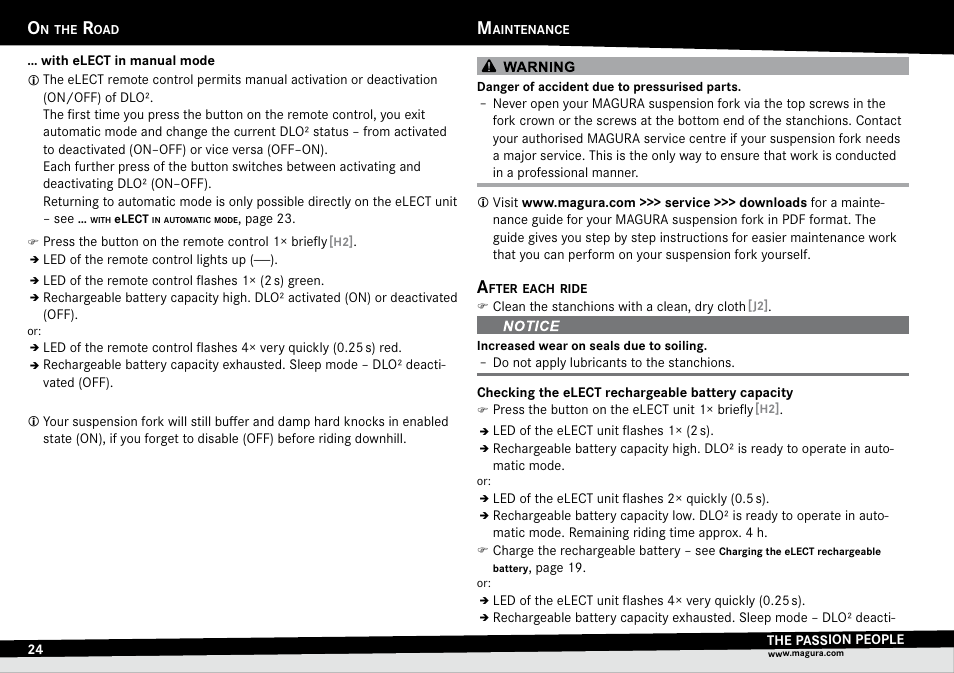 Maintenance, After each ride, Aintenance | After.each.ride, Checking the elect, Rechargeable battery capacity | MAGURA TS6 User Manual | Page 24 / 28