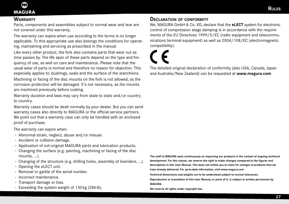 Rules, Warranty, Declaration of conformity | Ules, Warranty declaration.of.conformity | MAGURA TS6 User Manual | Page 27 / 28