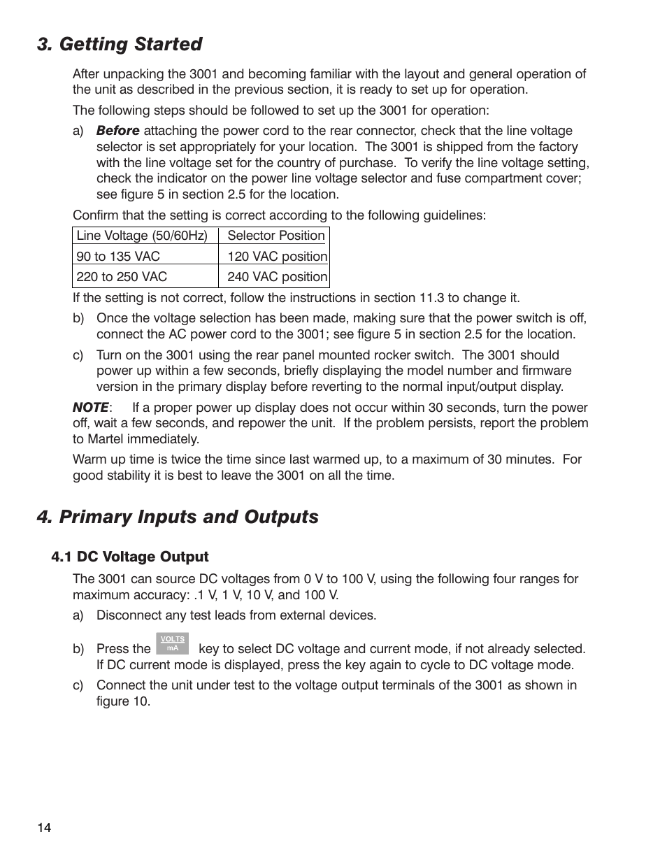 Getting started, Primary inputs and outputs | Martel Electronics 3001 User Manual | Page 18 / 94