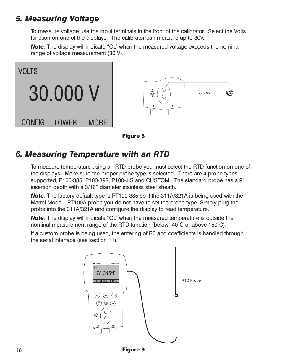 Measuring voltage, Measuring temperature with an rtd | Martel Electronics BetaGauge 321A User Manual | Page 18 / 48