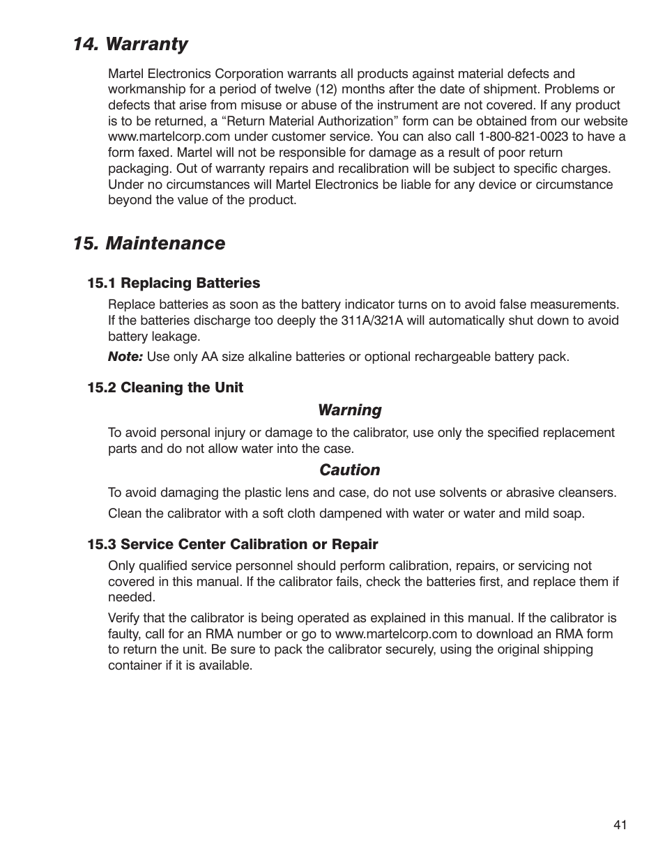 Warranty, Maintenance | Martel Electronics BetaGauge 321A User Manual | Page 43 / 48