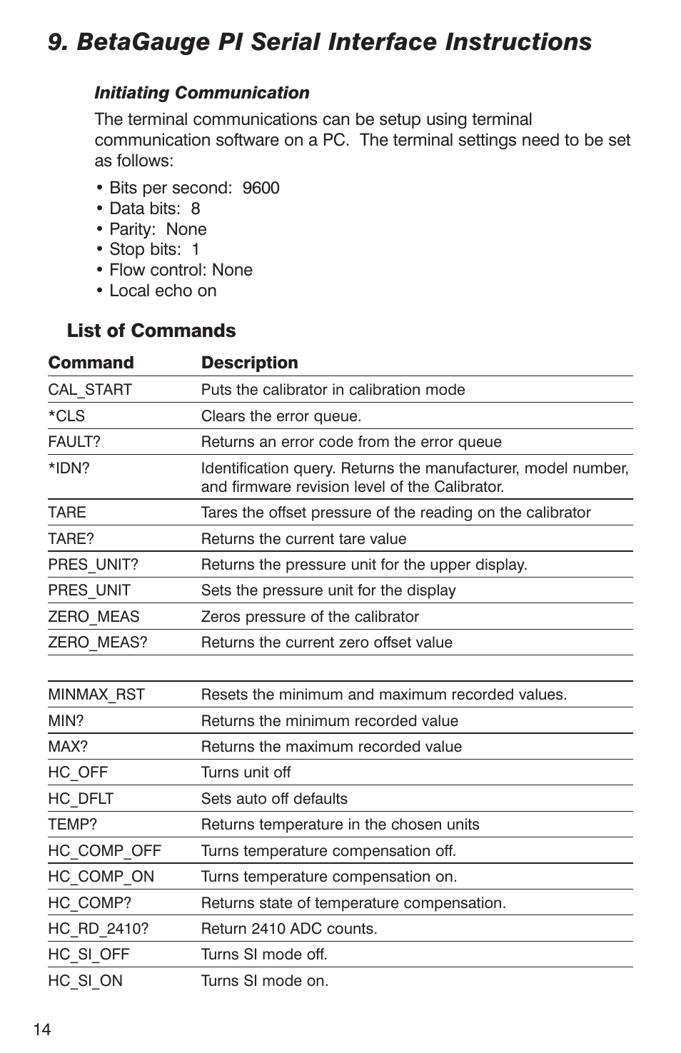 Betagauge pi serial interface instructions, List of commands | Martel Electronics BetaGauge PI PRO User Manual | Page 16 / 20