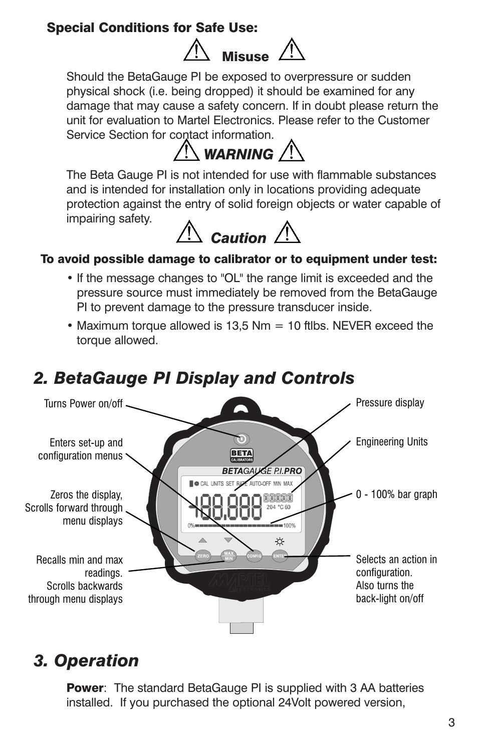 Betagauge pi display and controls 3. operation, Warning, Caution | Martel Electronics BetaGauge PI PRO User Manual | Page 5 / 20