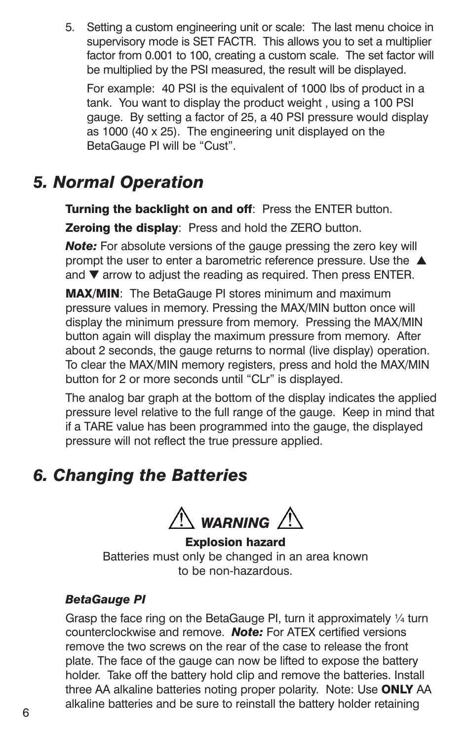 Normal operation, Changing the batteries | Martel Electronics BetaGauge PI PRO User Manual | Page 8 / 20