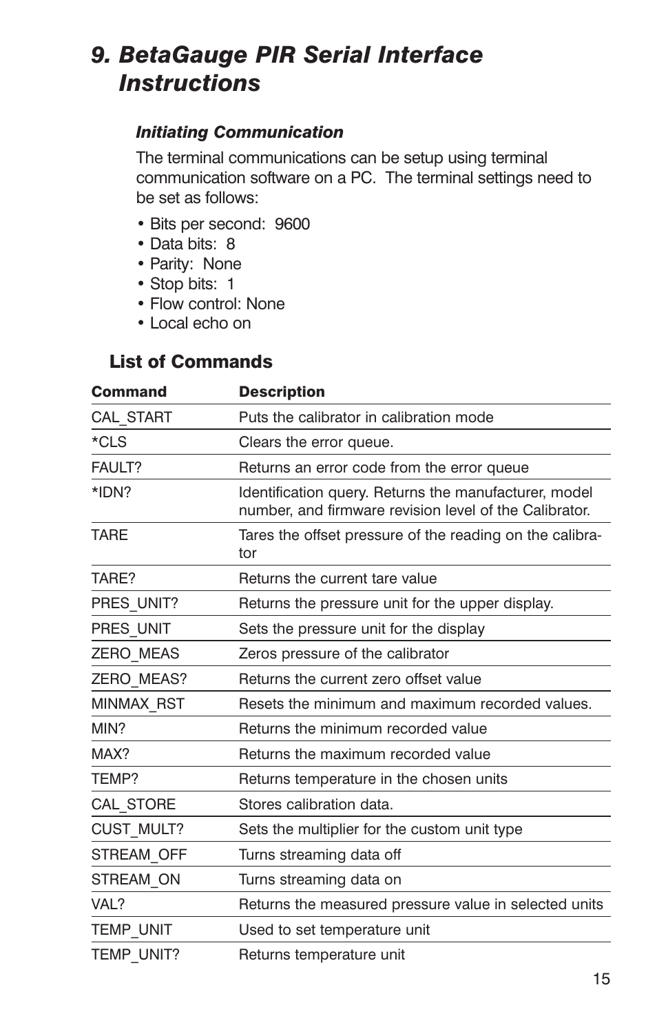 Betagauge pir serial interface instructions, List of commands | Martel Electronics BetaGauge PIR PRO User Manual | Page 17 / 24