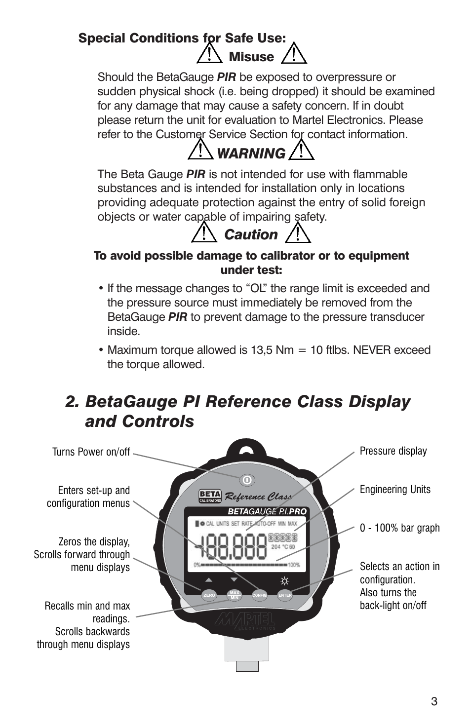 Betagauge pi reference class display and controls, Warning, Caution | Martel Electronics BetaGauge PIR PRO User Manual | Page 5 / 24