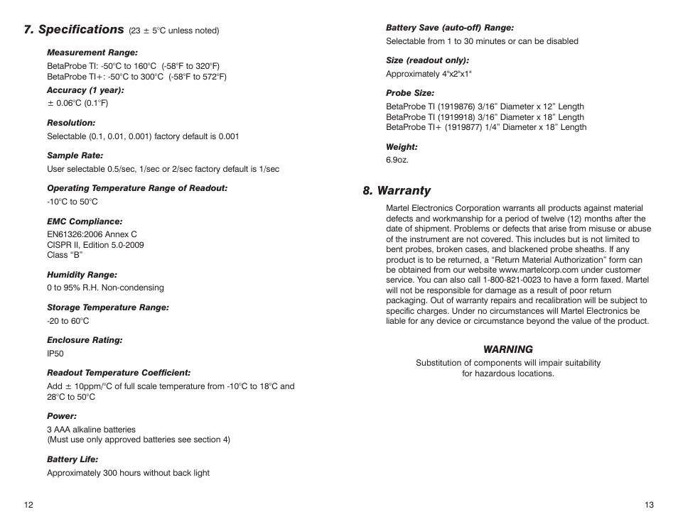 Warranty, Specifications | Martel Electronics BetaProbe TI/TI+ User Manual | Page 8 / 9