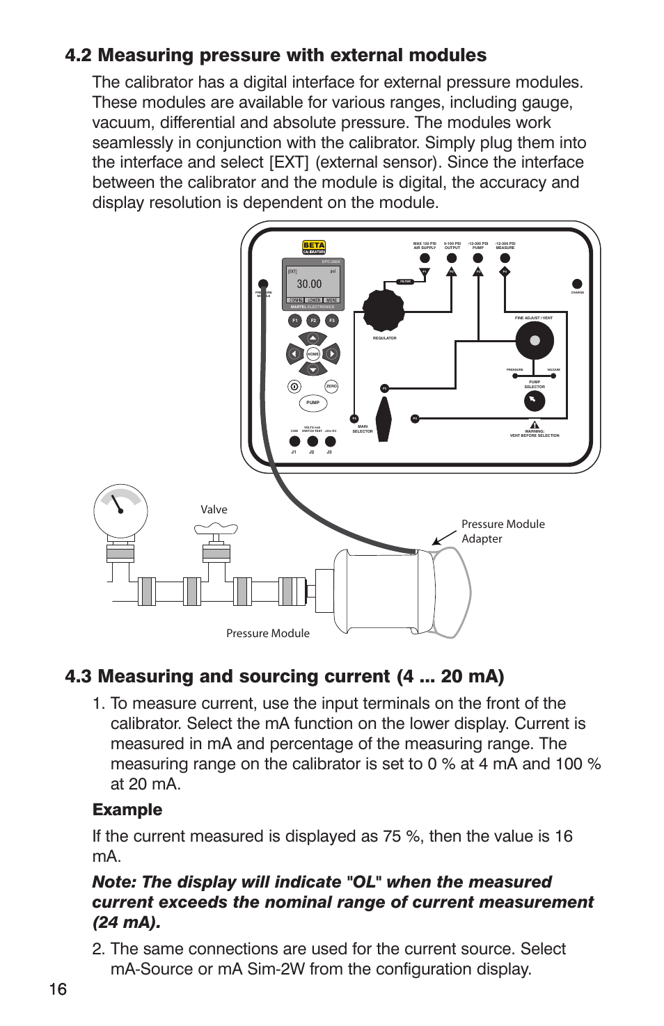 2 measuring pressure with external modules, 3 measuring and sourcing current (4 ma), Pressure module adapter pressure module valve | Martel Electronics DPC300A User Manual | Page 18 / 48