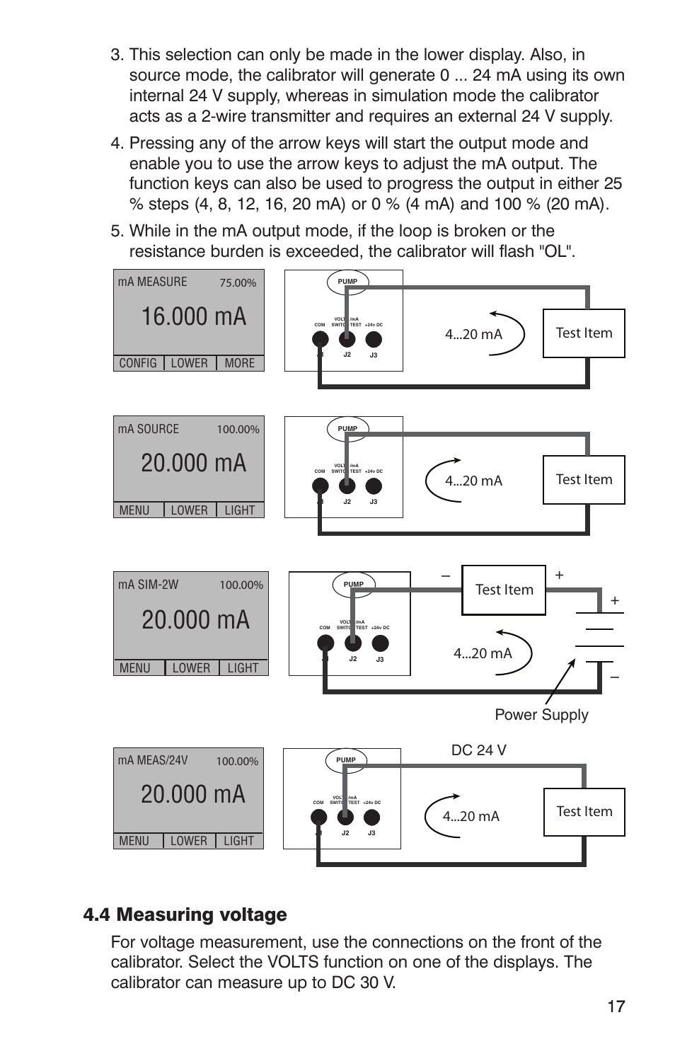 000 ma, 4 measuring voltage, Test item 4 ma | 4 ma, Test item power supply, Dc 24 v, Test item | Martel Electronics DPC300A User Manual | Page 19 / 48