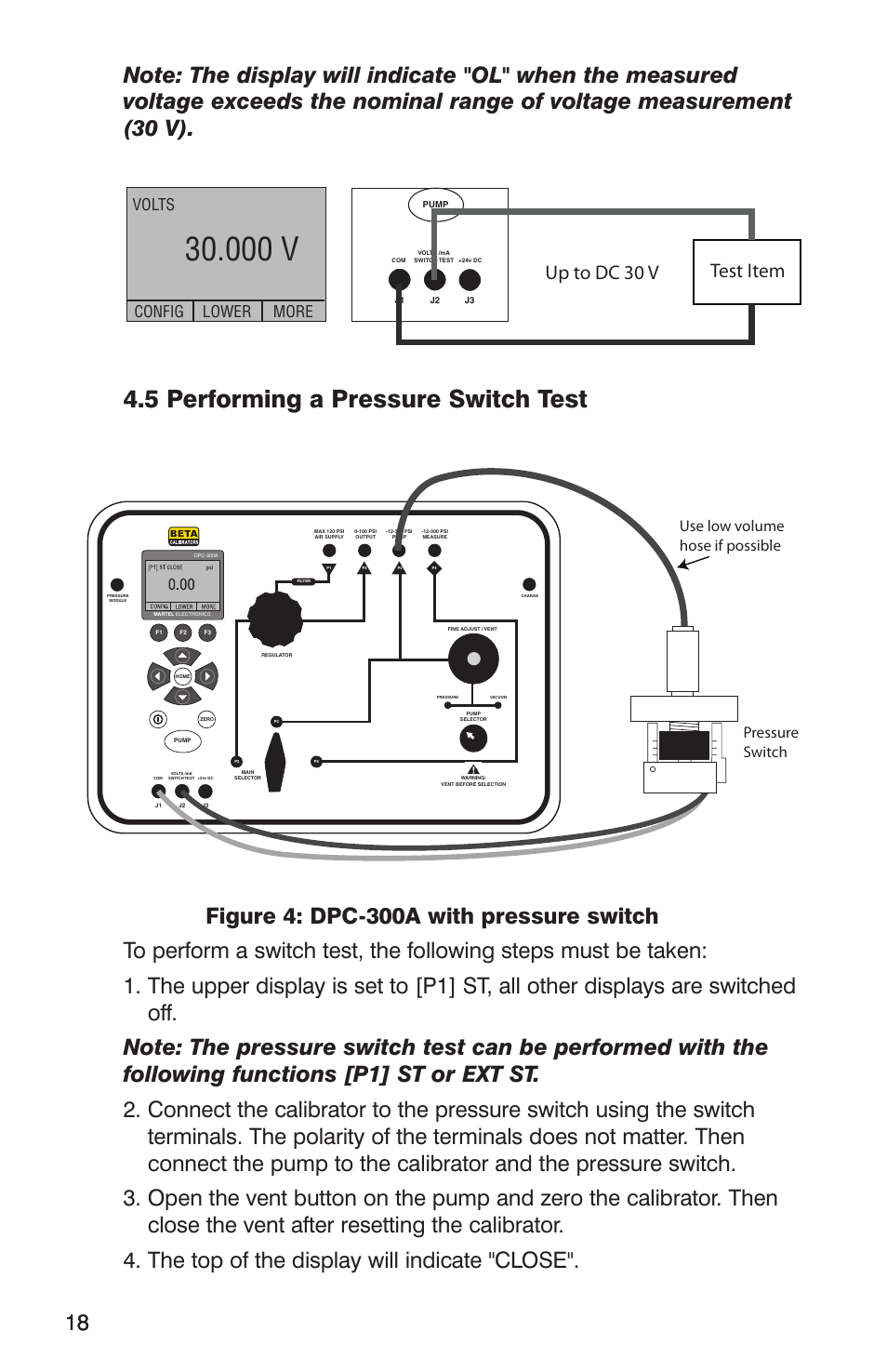 000 v, 5 performing a pressure switch test, Test item up to dc 30 v | Volts config lower more, Use low volume hose if possible pressure switch | Martel Electronics DPC300A User Manual | Page 20 / 48